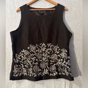Anne Carson Sleeveless Tank Top Black With White Floral Embroidery Women’s Sz L